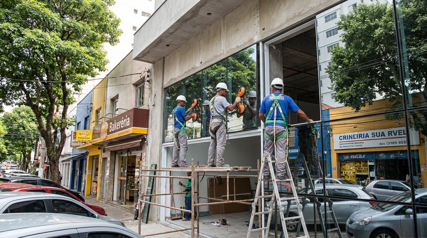 Fachada de vidro com confeitaria vizinha em Suzano-SP