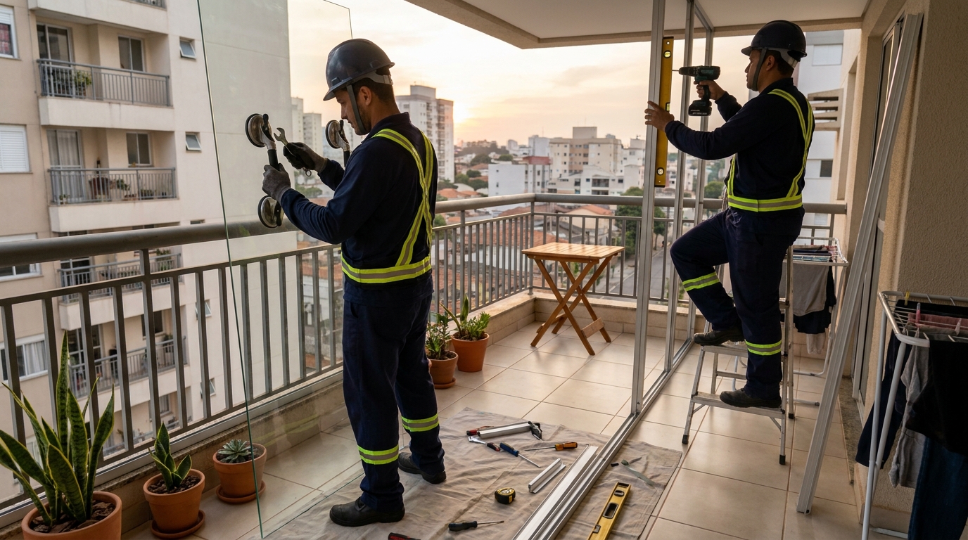 Instalação de parede de vidro em sacada em Suzano-SP